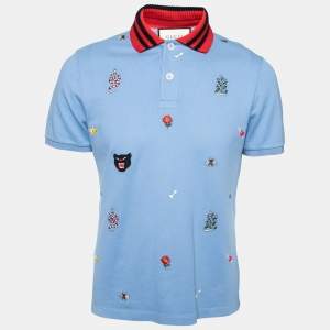 Gucci Blue Cotton Multi Motif Embroidered Polo T-Shirt L