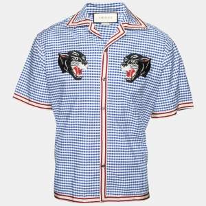 Gucci Blue and White Checkered Cotton Panther Embroidered Gingham Dress Shirt M