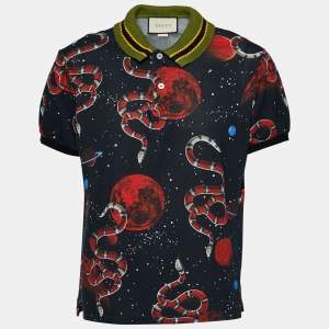 Gucci Navy Blue Space and Snake Printed Cotton Polo T-Shirt XL