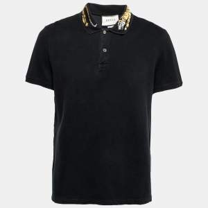 Gucci Black Cotton Pique Tiger Appliqued Polo T-Shirt XXL