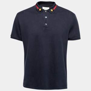 Gucci Navy Blue Cotton Pique Web Stripe Bee Appliqued Polo T-Shirt XXL