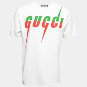 Gucci Off White Cotton Blade Logo Printed Short Sleeve T-Shirt M