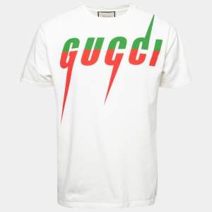 Gucci White Blade Logo Printed Cotton Crew Neck T-shirt S