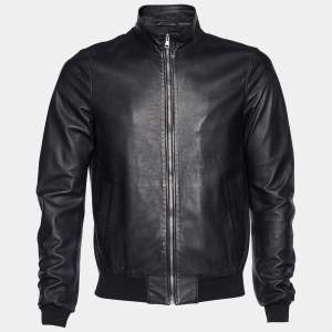 Gucci Black Leather Rib Knit Trimmed Zip Front Jacket S