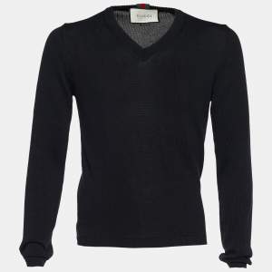 Gucci Black Rib Knit Cotton Web Trim V-Neck Pullover M