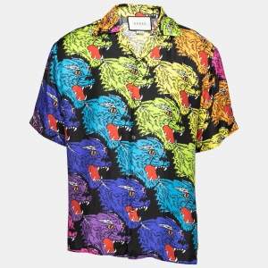 Gucci Multicolor Panther Face Print Silk Bowling Shirt L