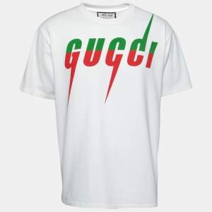 Gucci Off White Cotton Blade Logo Printed Short Sleeve T-Shirt L