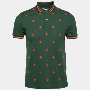 Gucci Green Cotton All Over Bee Embroidered Polo T-Shirt S