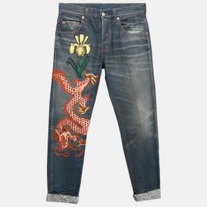 Gucci Blue Stone Washed Denim Dragon Embroidered Jeans S Waist 30