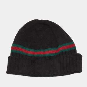 Gucci Black Rib Knit Wool Web Stripe Beanie L