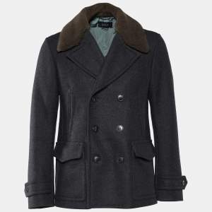 Gucci Charcoal Grey Wool Shearling Collar Pea Coat M