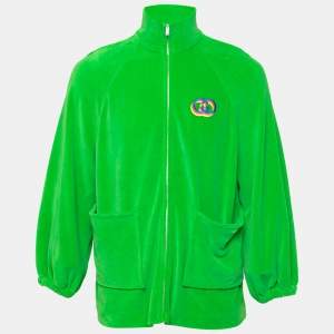 Gucci Green Velor GG Embroidered Zip Front Sweater S