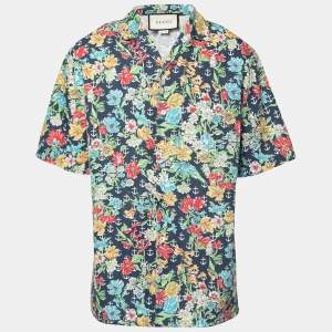 Gucci Blue Floral and Anchor Print Half Sleeves Cotton Shirt M