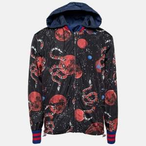 Gucci Black Snake Print Synthetic & Web Stripe Rib Trimmed Jacket L