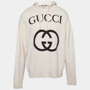 Gucci Off White Cotton Logo Printed Long Sleeve Hoodie L