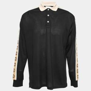 Gucci Black Cotton Pique Logo Tape Trimmed Polo T-Shirt XL