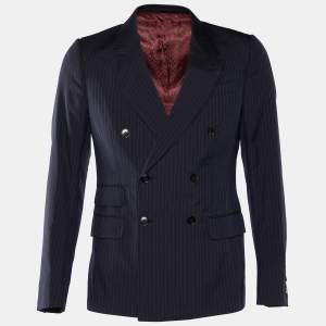 Gucci Navy Blue Striped Cotton & Silk Double Breasted Blazer M