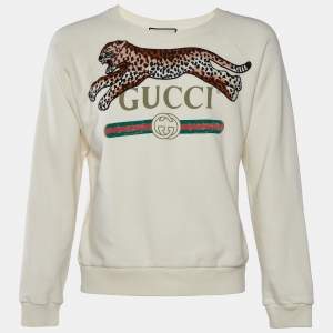 Gucci Cream Leopard Applique Cotton Knit Sweatshirt S