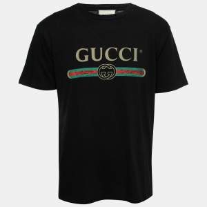 Gucci Black Distressed Cotton Logo Printed Crewneck T-Shirt M