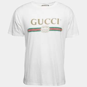 Gucci White Distressed Cotton Logo Printed Crewneck T-Shirt XS
