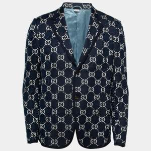 Gucci Dark Blue & Beige GG Jacquard Cotton Knit Blazer L