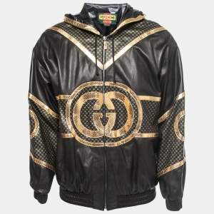 Gucci Dapper Dan Black & Gold Leather Logoed Hooded Jacket M