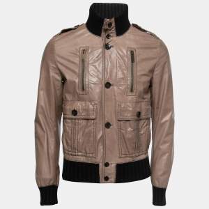 Gucci Brown Leather Rib Knit Trim Madonna Bomber Jacket M