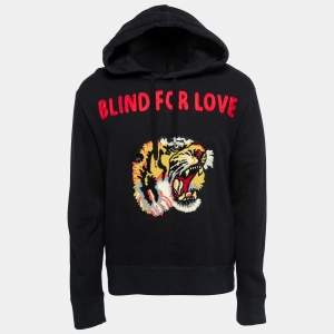 Gucci Black Cotton Knit Blind for Love Tiger Patch Hoodie L