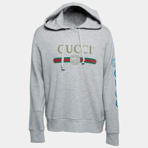 Gucci Grey Cotton Logo Print Embroidered Hoodie M