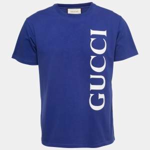 Gucci Blue Cotton Logo Printed Short Sleeve T-Shirt XS