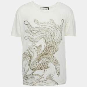 Gucci Cream Printed Linen Crew Neck T Shirt M