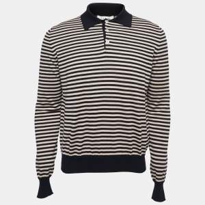 Gucci Navy Blue & Beige Striped Knit Long Sleeve Polo T-Shirt L