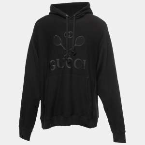 Gucci Black Cotton Tennis Logo Embroidered Oversized Hoodie XXL