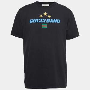 Gucci Black Cotton Embroidered Band Print T-Shirt L