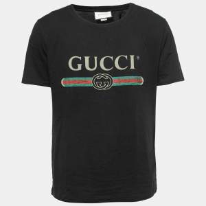 Gucci Black Vintage Logo Print Cotton Distressed Detail T-Shirt M