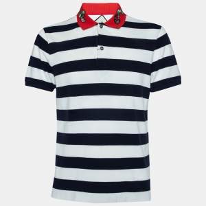 Gucci Navy Blue Striped Cotton Pique Snake Applique Contrast Collar Polo T-Shirt L