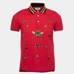 Gucci Red Cotton Pique Insects Embroidered Polo T-Shirt S