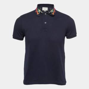 Gucci Navy Blue Dragon Embroidered Cotton Pique Polo T-Shirt S