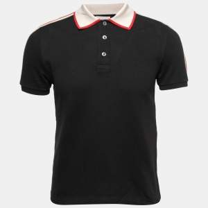 Gucci Black Cotton Pique Logo Striped Polo T-Shirt S