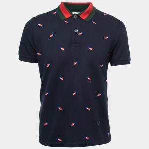 Gucci Navy Blue Pierced Heart Embroidered Cotton Polo T-Shirt  L