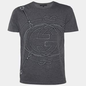 Gucci Grey Rope Logo Printed Cotton Knit Roundneck T-Shirt M