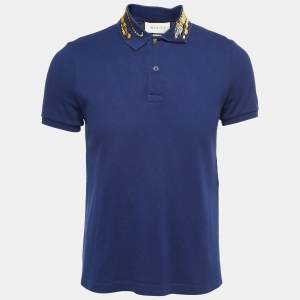 Gucci Navy Blue Cotton Tiger Embroidered Polo T-Shirt S