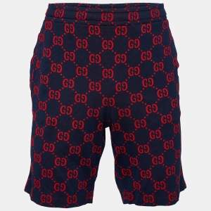 Gucci Navy Blue & Red Logo Jacquard Knit Shorts XL