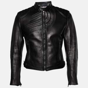 Gucci Black Leather Stitch Patterned Biker Jacket M