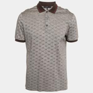 Gucci Brown GG Patterned Cotton Knit Web Detail Collar Polo T-Shirt XL