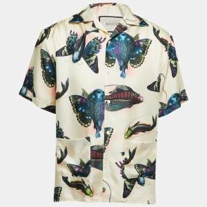 Gucci Cream Fish Print Satin Silk Button Front Half Sleeve T-Shirt M