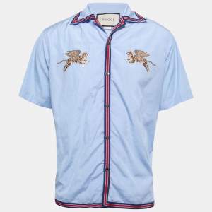 Gucci Blue Tiger Embroidered Button Front Half Sleeve Bowling Shirt M