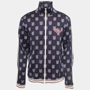 Gucci Navy Blue Tiger Patterned Cotton Knit Zip Front Jacket XXL