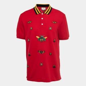 Gucci Red Cotton Pique Insects Embroidered Polo T-Shirt 3XL