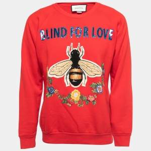 Gucci Red Cotton Blind For Love Bee Embroidered Sweatshirt M